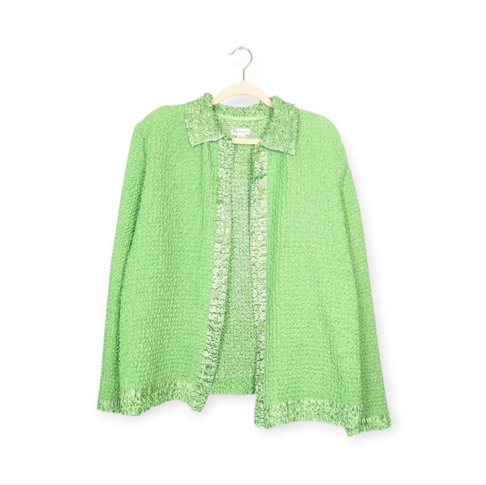 Retro Rafael Jacket Blouse M Lime Green Crinkle Textured Open Front Vintage